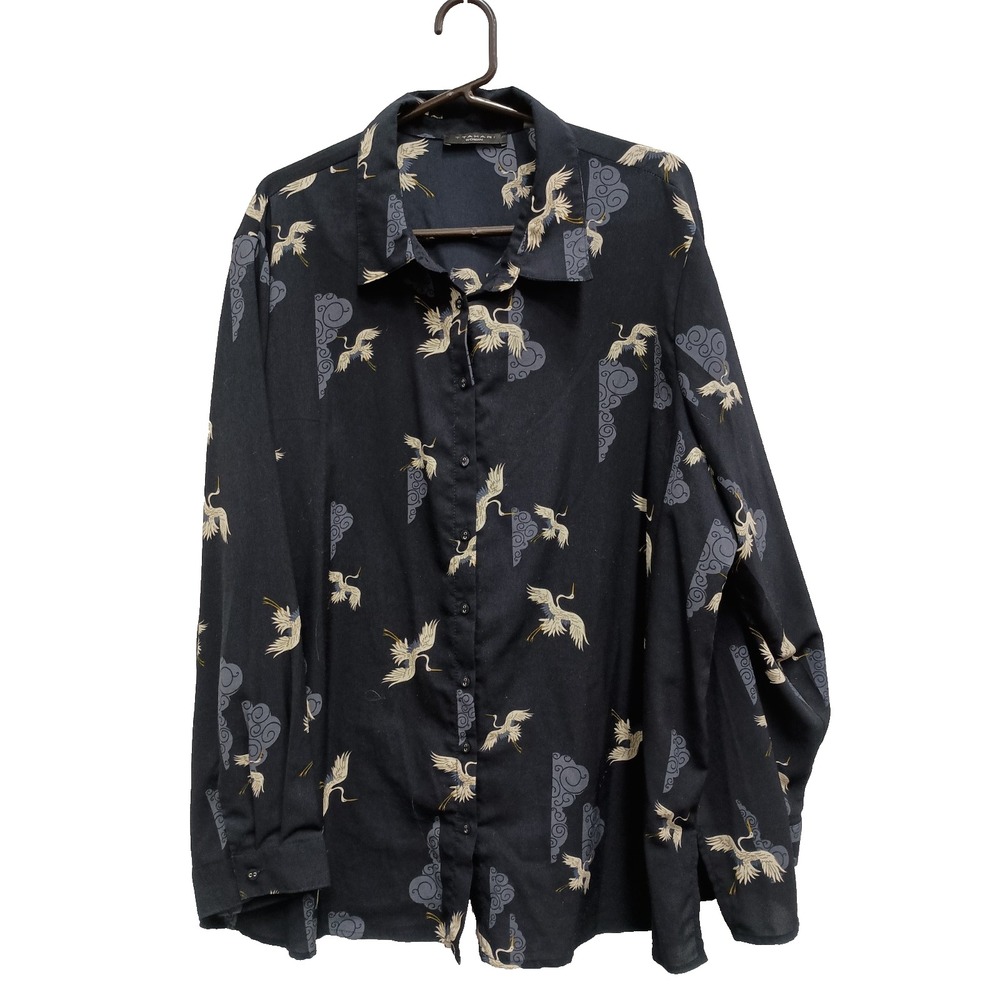 T Tahari Blouse Top Womens Size 3X Navy Crane Print Long Sleeve Office Carrier